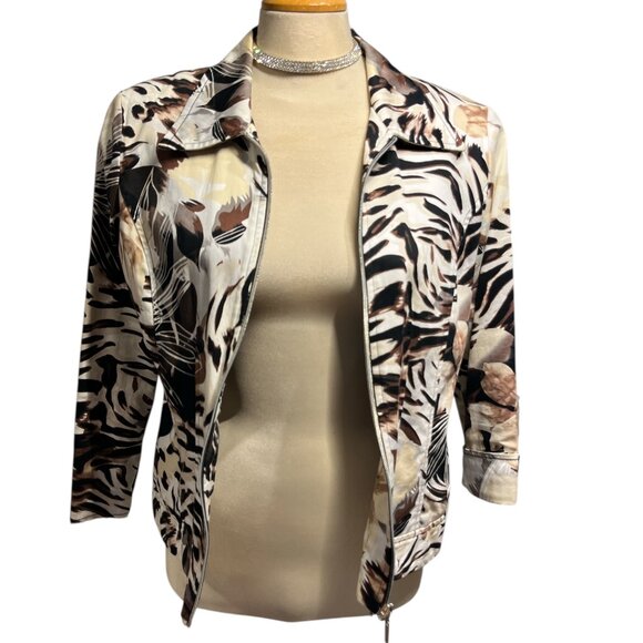 BELLISSIMA 🇨🇦 Bomber Jacket Abstract Floral Animal Print Size 10 Brown - Picture 3 of 10